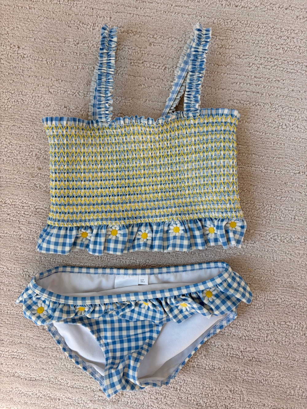 Mini Boden Blue and Yellow Gingham Smocked Kids Bathing Suit